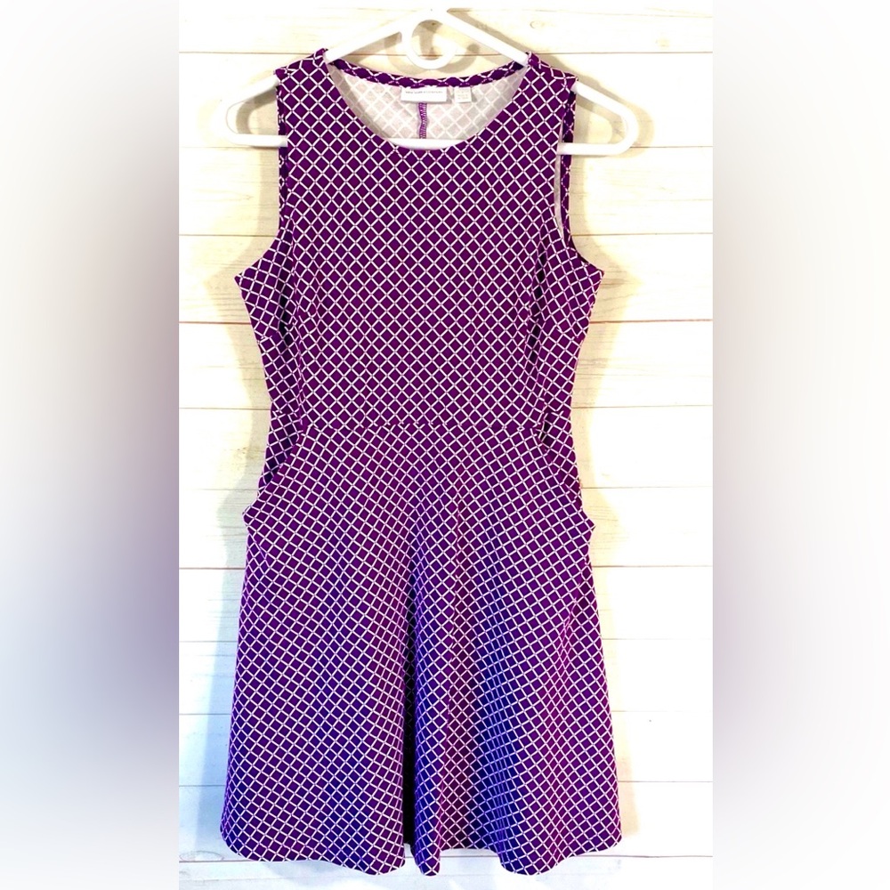 New York & Company Purple and White Lattice Fit-and-Flare Dress NWOT
